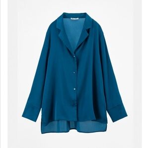 Zara Oversize Teal Silk Feel Button-Up Blouse